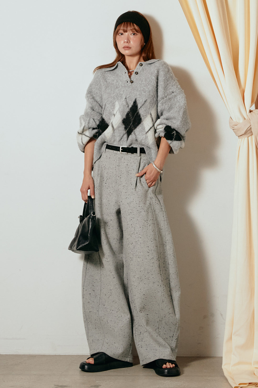 [SET]アーガイル柄ポロニットトップス+ベルト付きネップツイードカーブパンツ(2set)