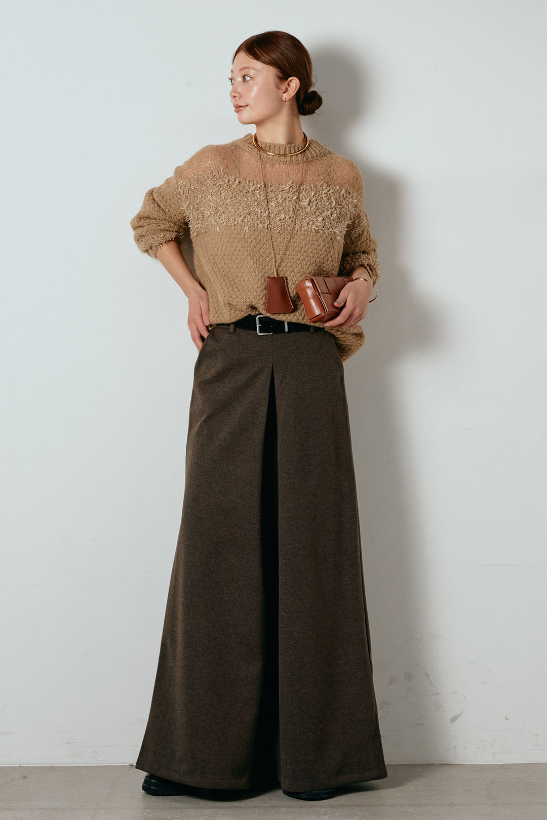 [SET]パターンランダム編みニットトップス+ベルト付きフロントタックデザインパンツ(2set)