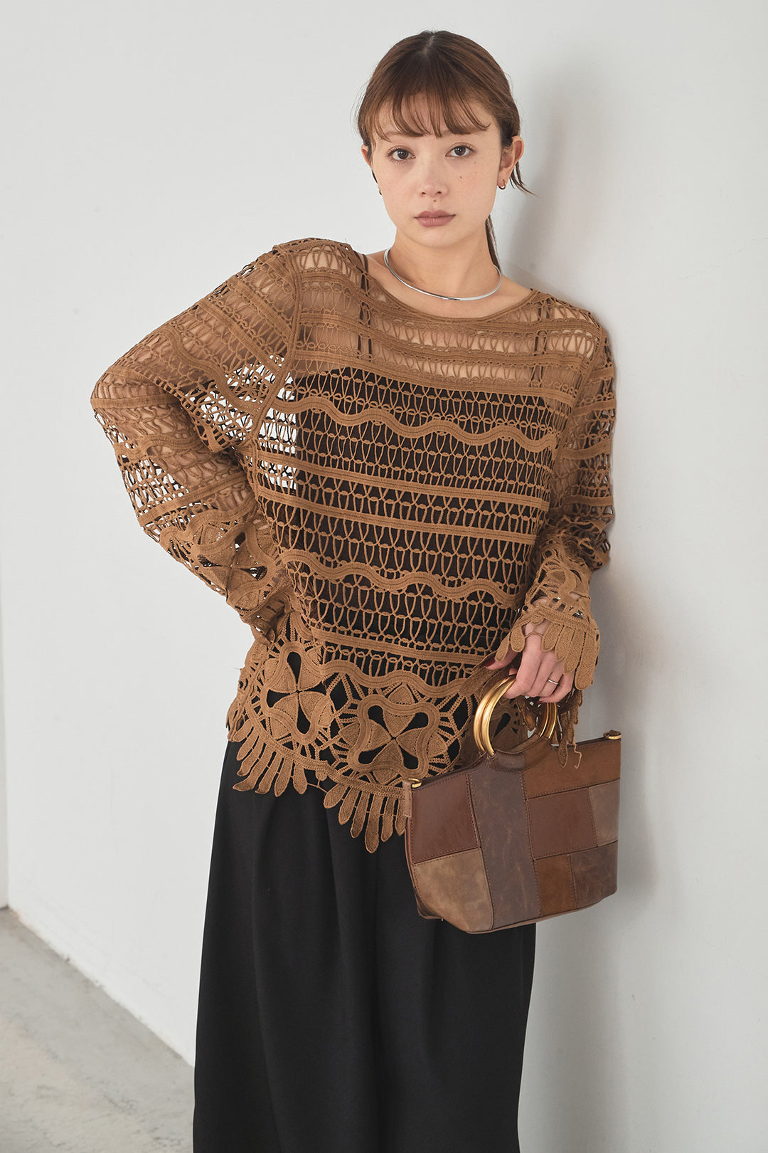 [SET]裾デザインメッシュプルオーバー+ベルト付きツータックワイドパンツ(2set)