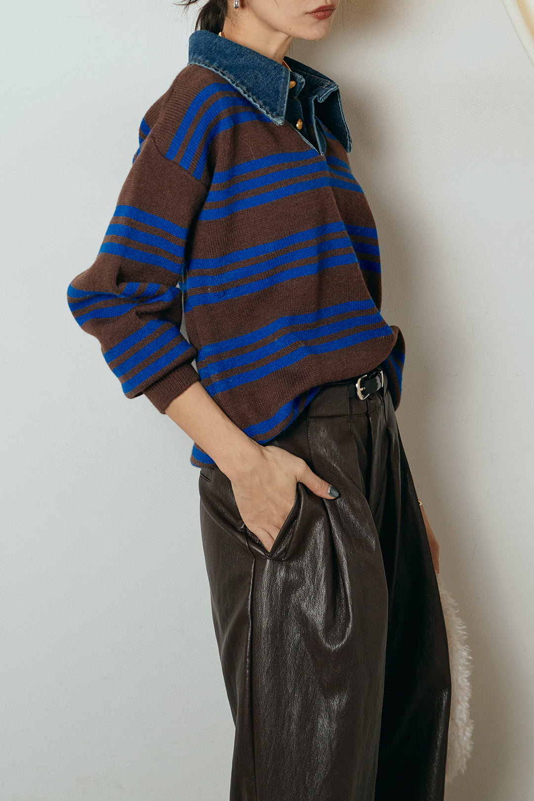 [SET]デニムレイヤード風ランダムボーダーニットプルオーバー+ベルト付きレザーライクタックパンツ(2set)