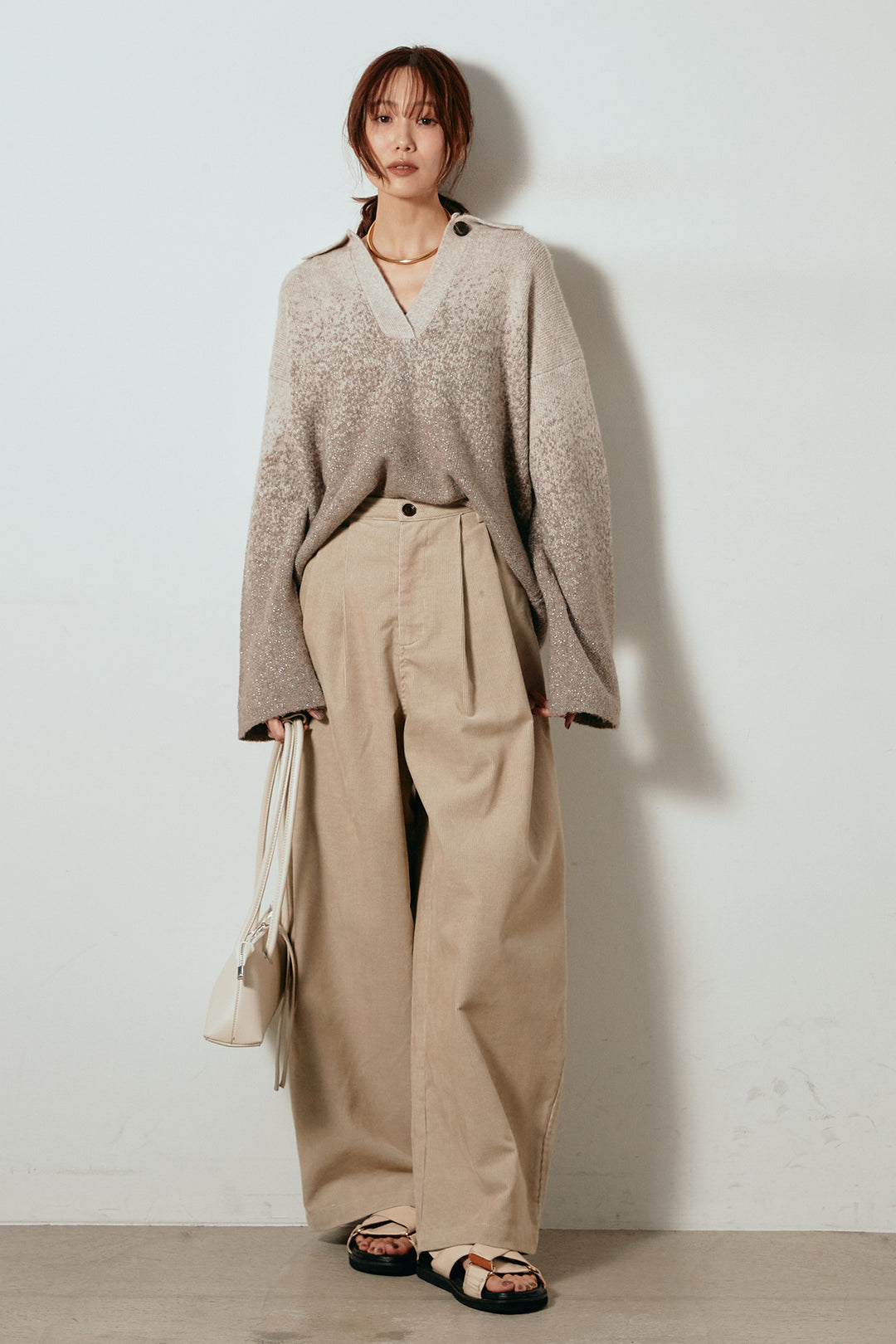 [SET]グラデーションラメニットキーネックプルオーバー+フロントタック入りコーデュロイパンツ(2set)