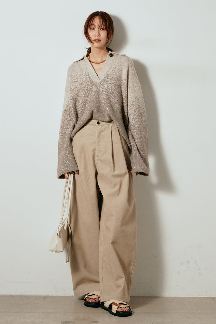 [SET]グラデーションラメニットキーネックプルオーバー+フロントタック入りコーデュロイパンツ(2set)