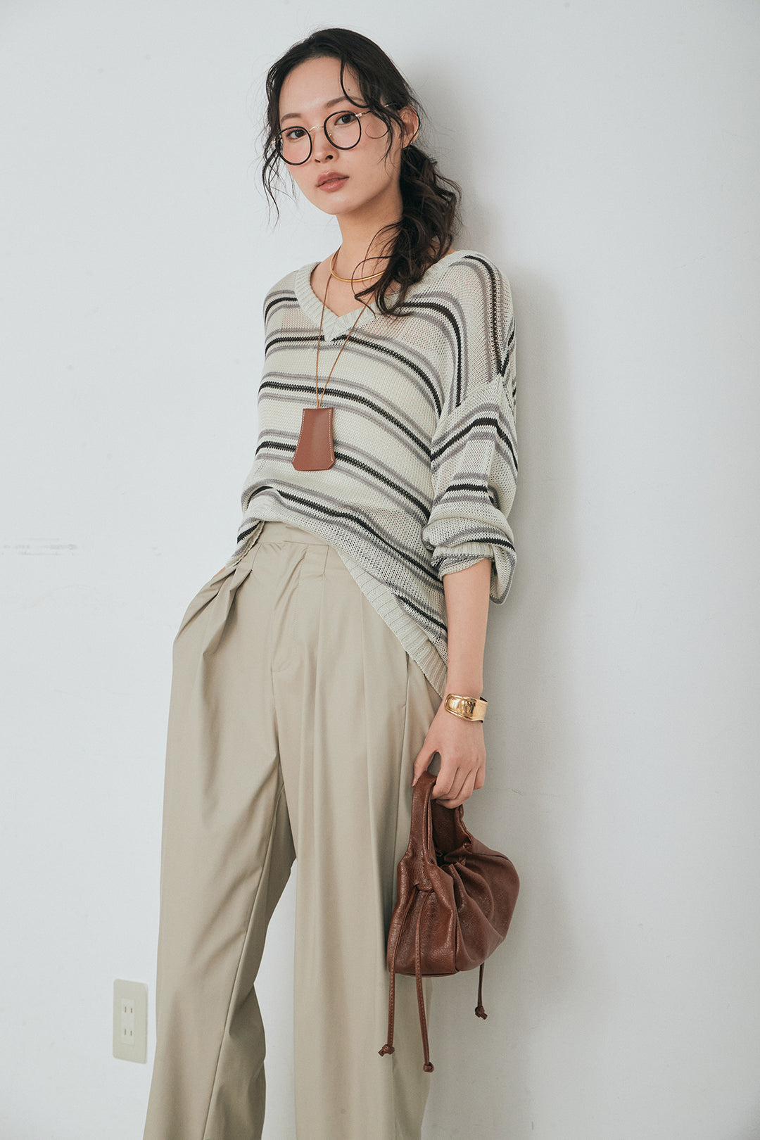 [SET]綿タッチVネックボーダートップス+ウォッシャブルエコレザータックパンツ(2set)