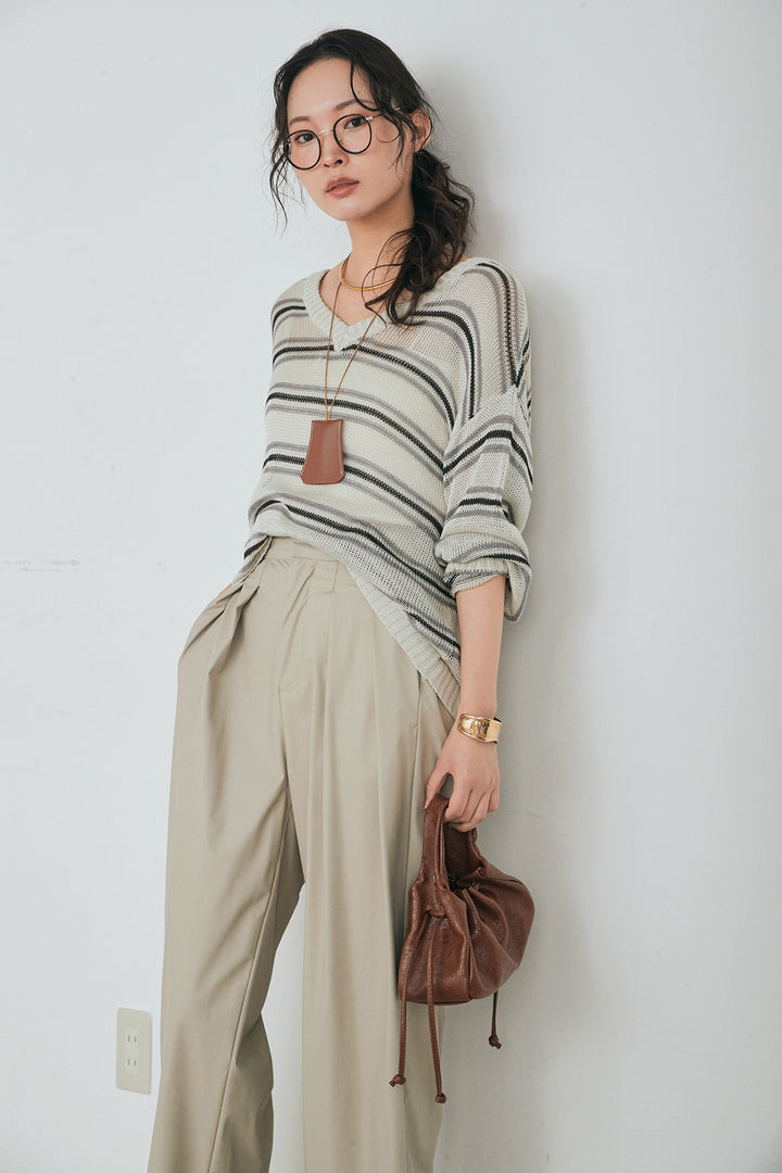 [SET]綿タッチVネックボーダートップス+ウォッシャブルエコレザータックパンツ(2set)