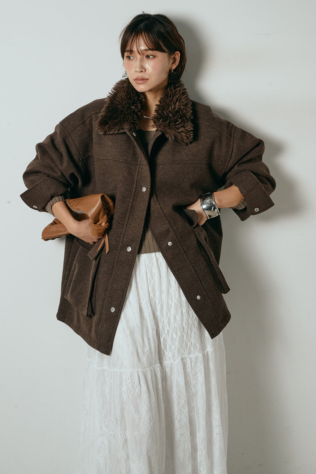 [SET]エコウール衿ファー薄中綿入りミドルカバーオール+ひげレース切替ロング丈スカート(2set)