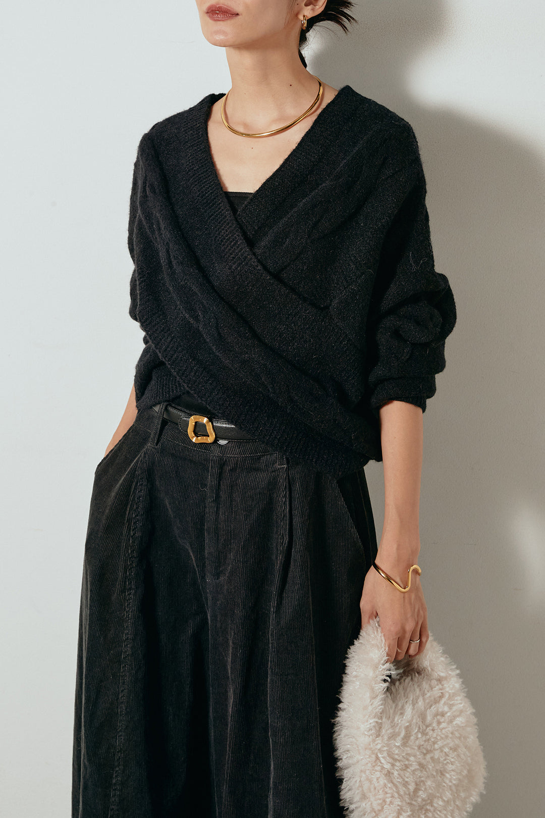 [SET]ケーブルカシュクールニットトップス+タック入りコーデュロイワイドパンツ(2set)