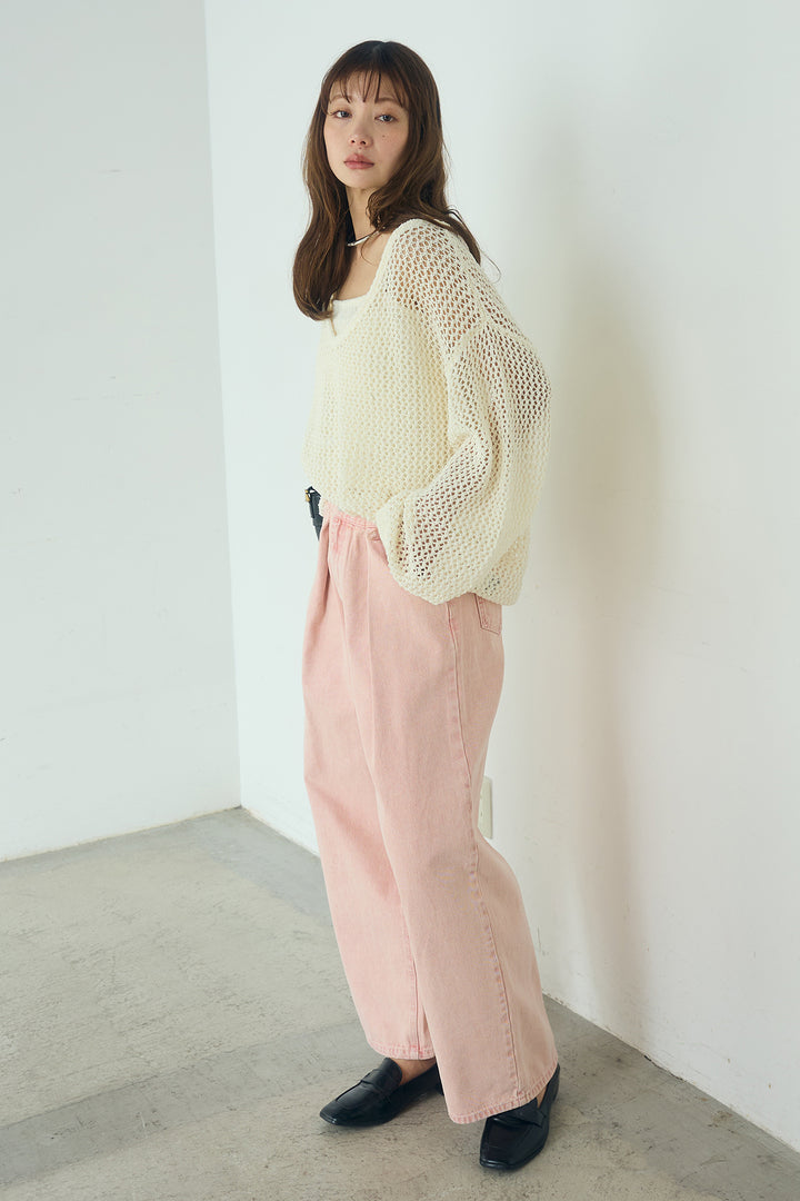 [SET]メッシュ編みビスチェセットVネックプルオーバー+カラーデニムタックカーブパンツ(2set)