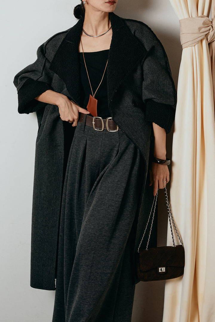 [SET]裏地ボアハイネックロングアウター+フェイクレザー太ベルト付きタックワイドパンツ(2set)
