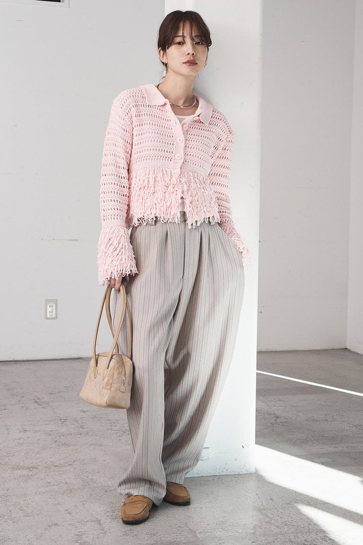 [SET]メッシュフリンジカーディガン+ヘリンボーンストライプツータックパンツ(2set)