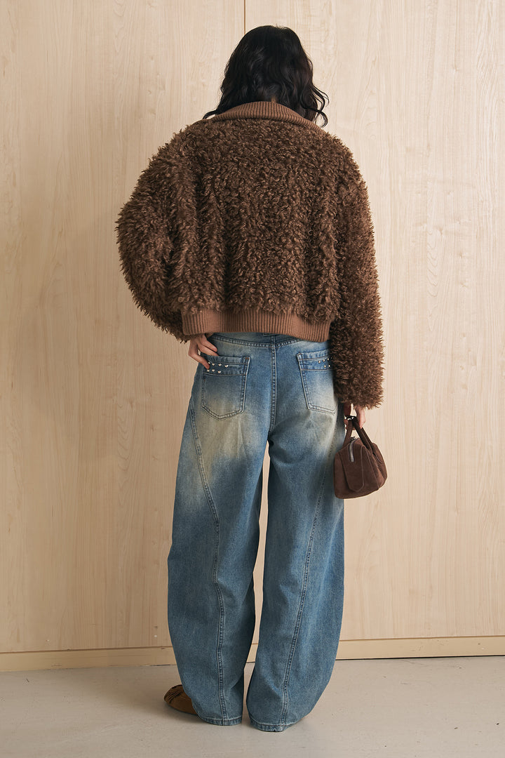 [SET]プードルファージップブルゾン+スタッズデザインカーブデニムワイドパンツ(2set)