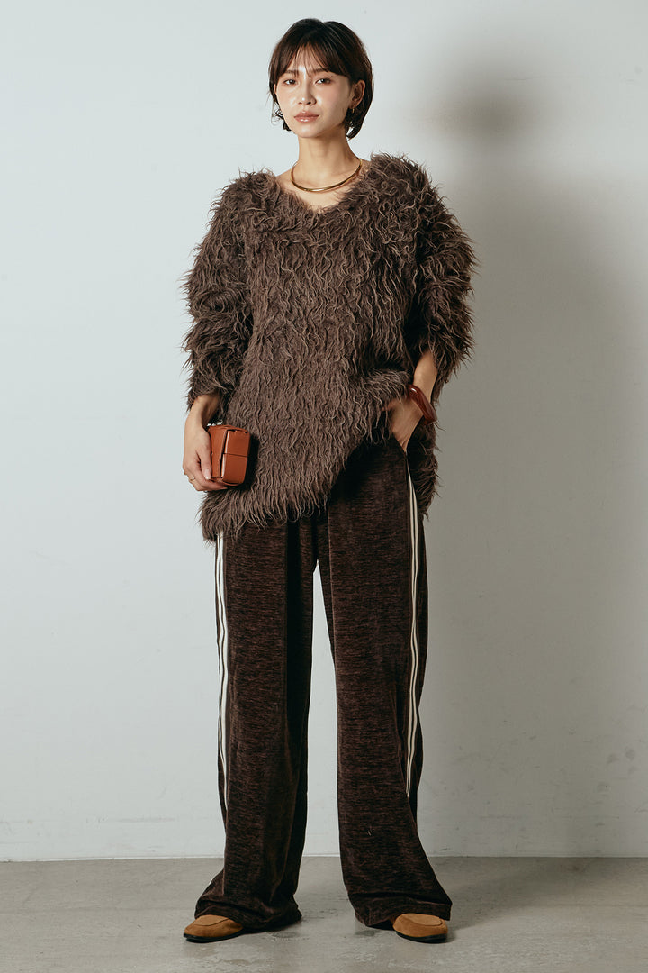 [SET]深Vネックシャギーニットトップス+リラックスサイドラインベロアワイドパンツ(2set)