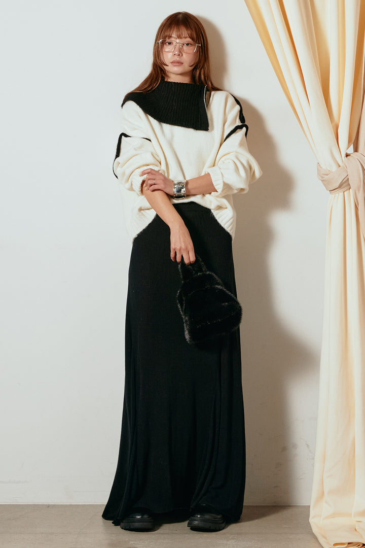 [SET]ハイネックジップデザインニットトップス+サイド切り替えリブニットロングスカート(2set)