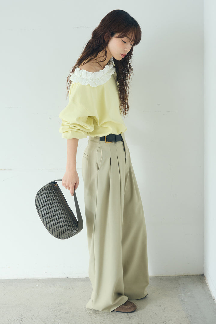 [SET]ネックギャザーフリルスウェット+サイドベルトタック入りスラックス(2set)