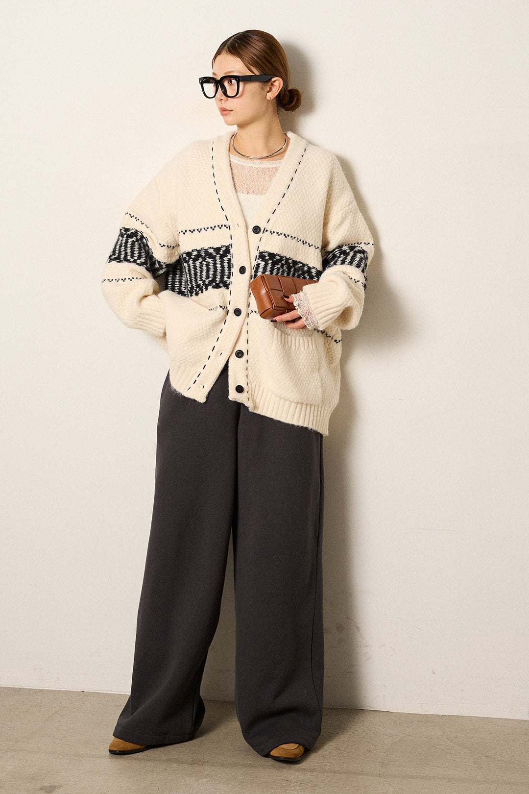 [SET]ライン柄ステッチニットカーディガン+裏起毛スウェットワイドパンツ(2set)