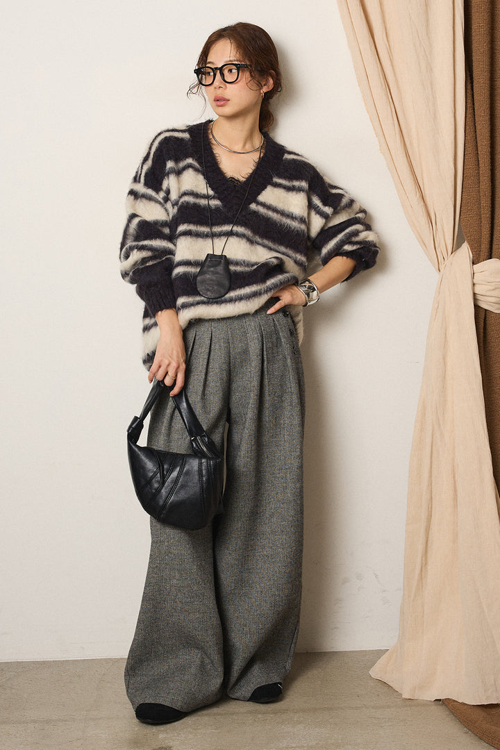 [SET]ルーズVネックボーダーニットトップス+サイドボタンツイードタックパンツ(2set)