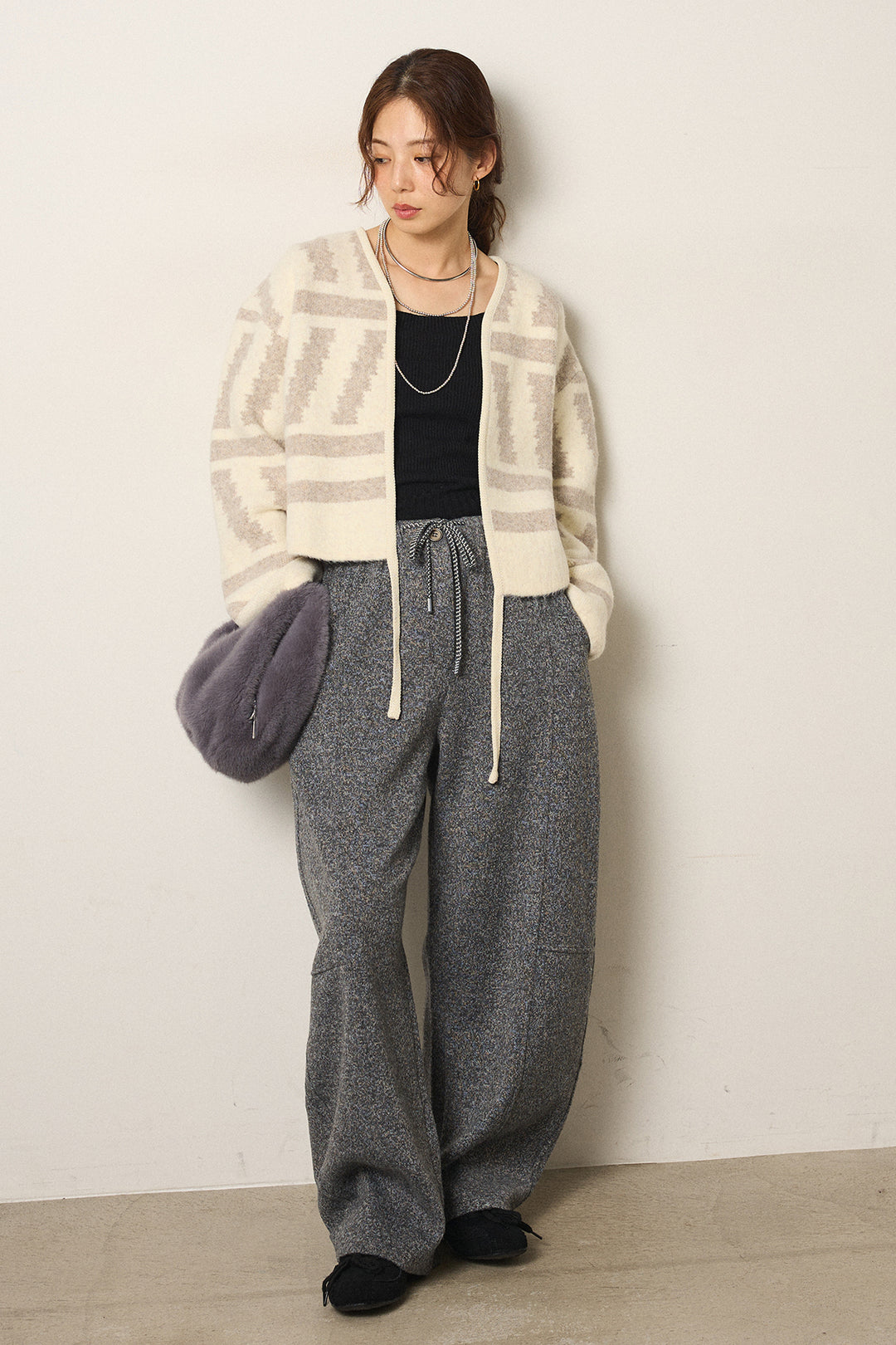 [SET]幾何学柄ノーカラーカーディガン+杢ニットフレアパンツ(2set)