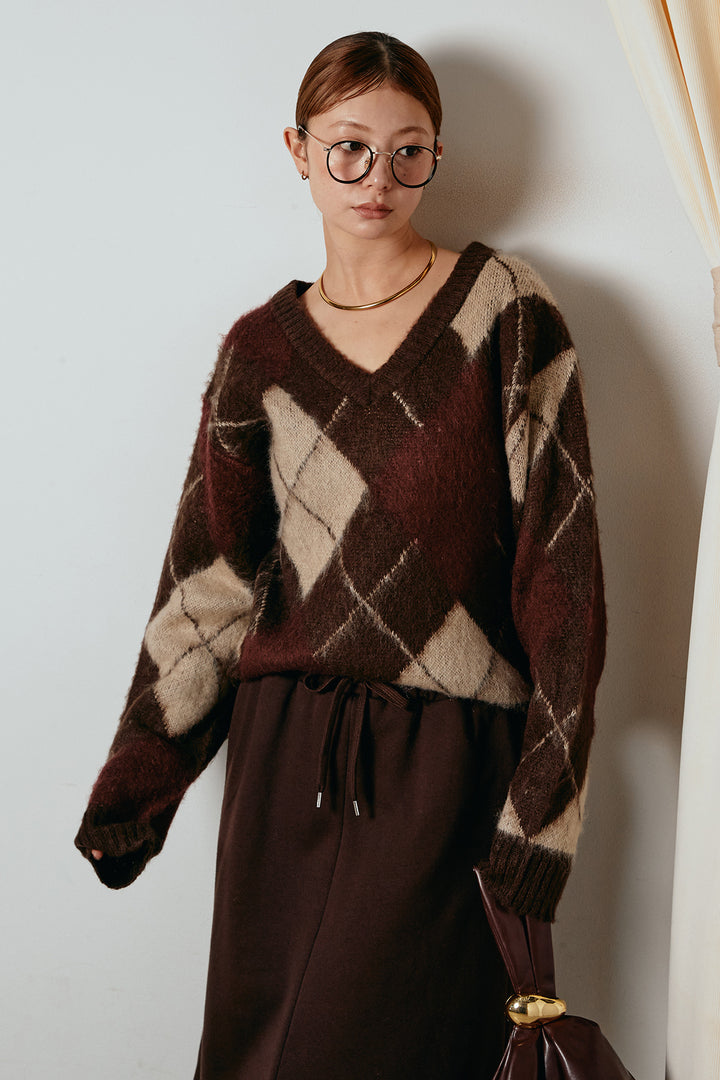 [SET]アクリルモヘアアーガイルVネックプルオーバー+裏起毛スウェットロングマキシスカート(2set)