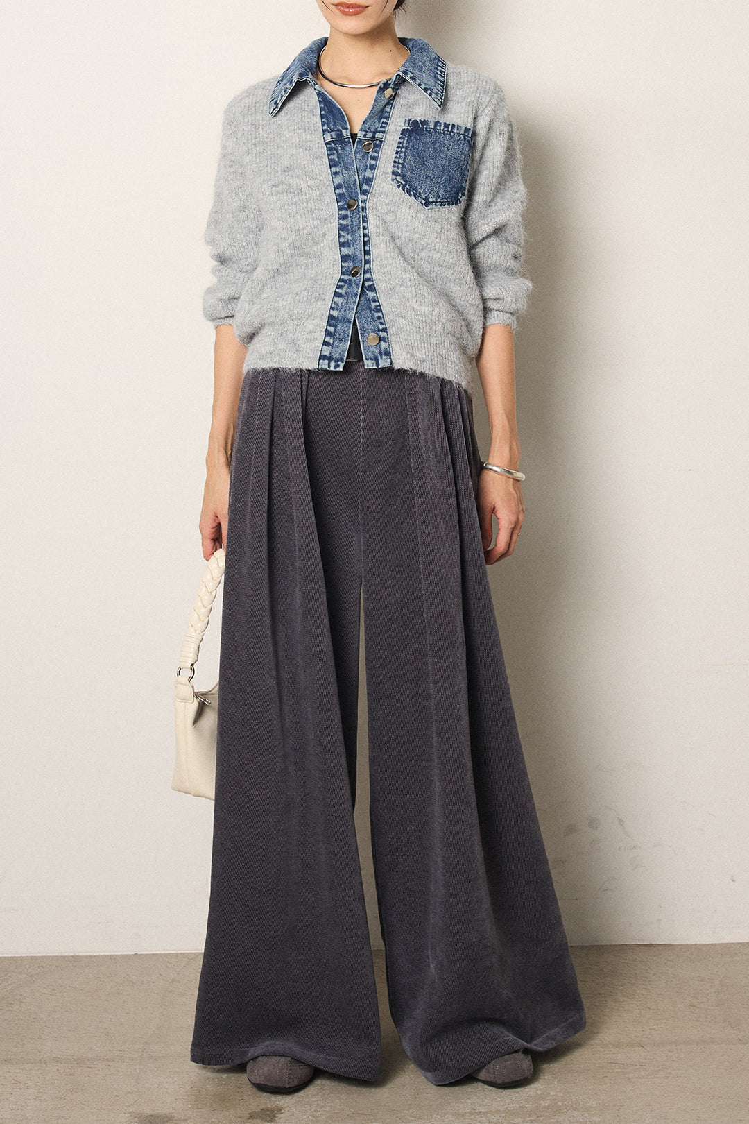 [SET]襟付きデニム切替ニットカーディガン+ベルトループコーデュロイワイドパンツ(2set)