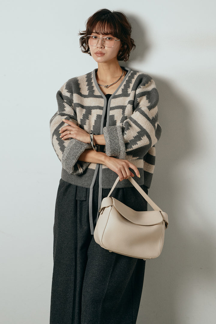 [SET]ノーカラー幾何学模様アウター+ウール混フランネルワイドサロペット(2set)