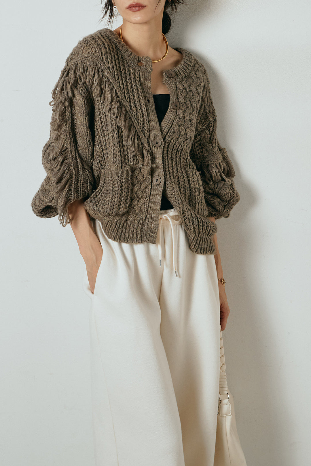 [SET]ランダムフリンジニットカーディガン+裏起毛スウェットワイドパンツ(2set)