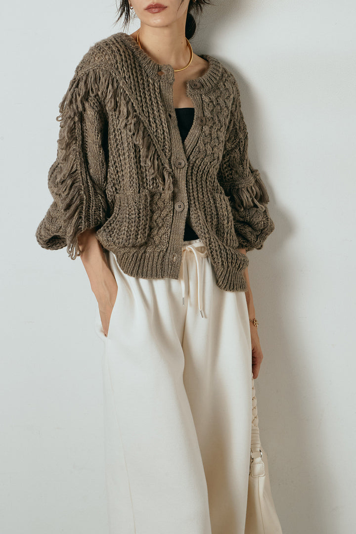 [SET]ランダムフリンジニットカーディガン+裏起毛スウェットワイドパンツ(2set)