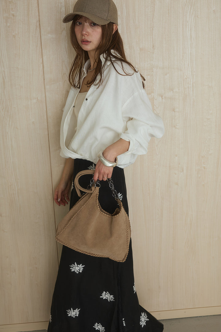 [SET]麻混襟付きトップス+レースコンビフラワー刺繍柄スカート(2set)