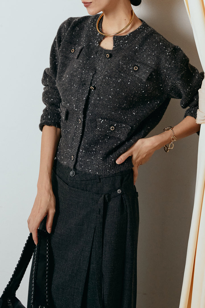 [SET]ネップニットカーディガン+ラップ巻きワイドスラックス(2set)