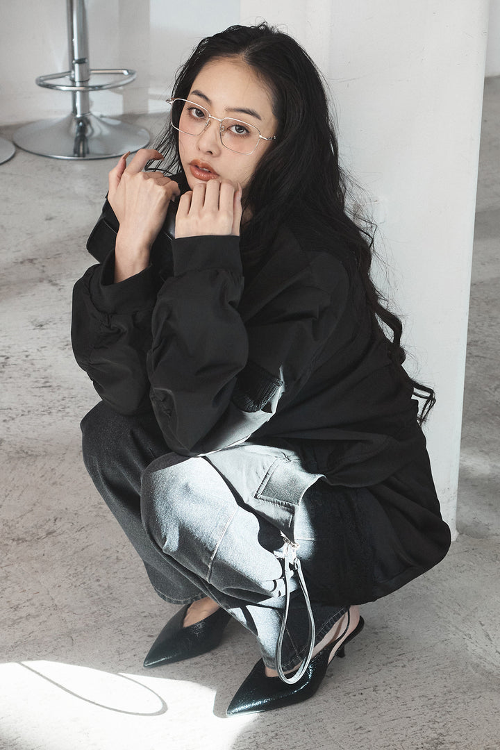 [SET]袖ギャザーデザインブルゾン+デニムアシメカーブパンツ(2set)