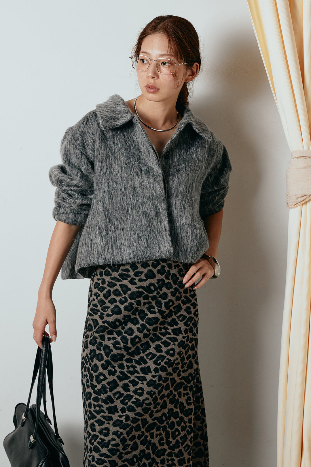 [SET]シャギーショートジャケット+レオパードロングスカート(2set)