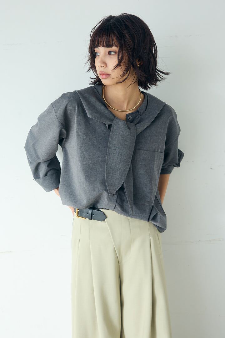 [SET]無地タイ付フーディーBIGシャツ+サイドベルトタック入りスラックス(2set)