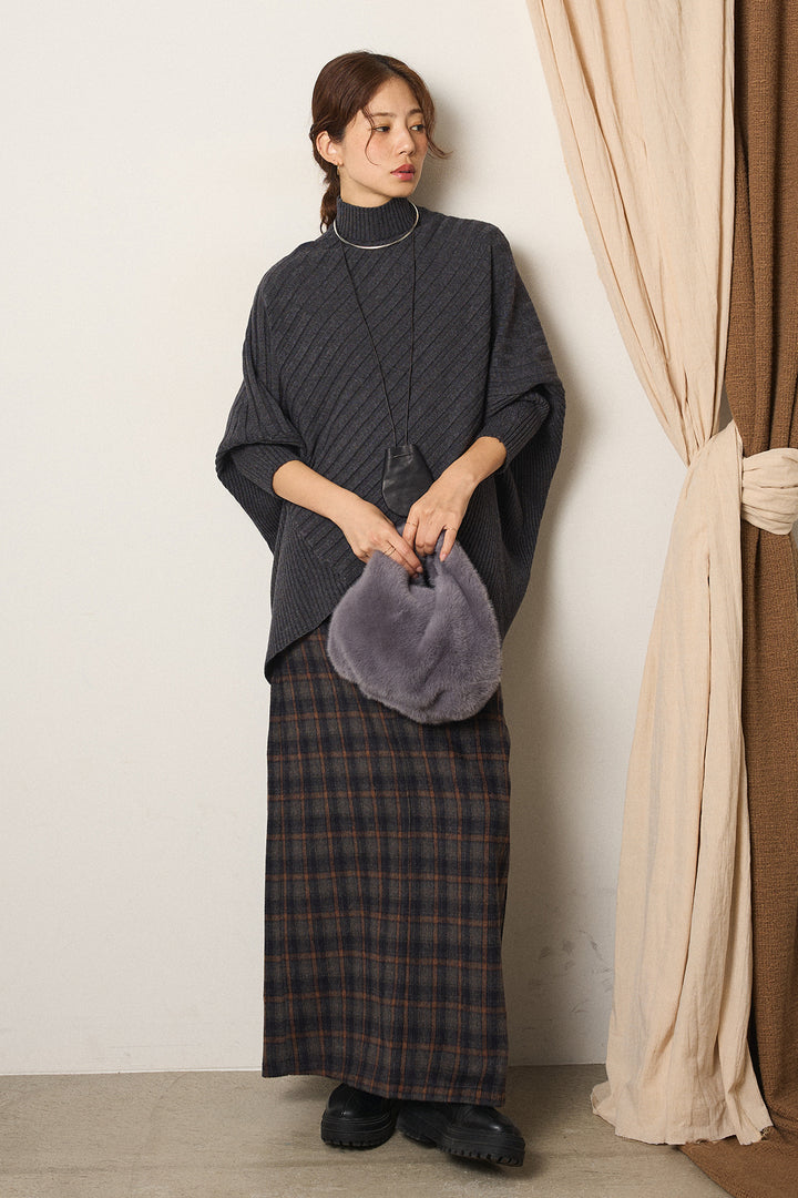 [SET]アシメデザインリブポンチョニットトップス+シャギーチェックストレートスカート(2set)