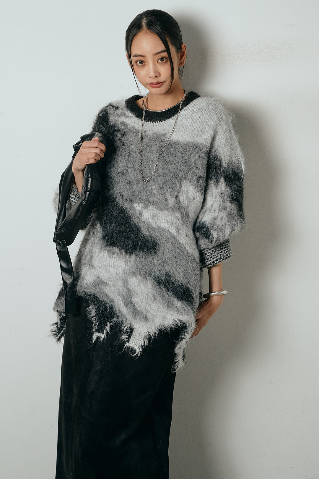 [SET]起毛裾デザインニュアンス柄ニットトップス+エコスウェードワイドスカート(2set)