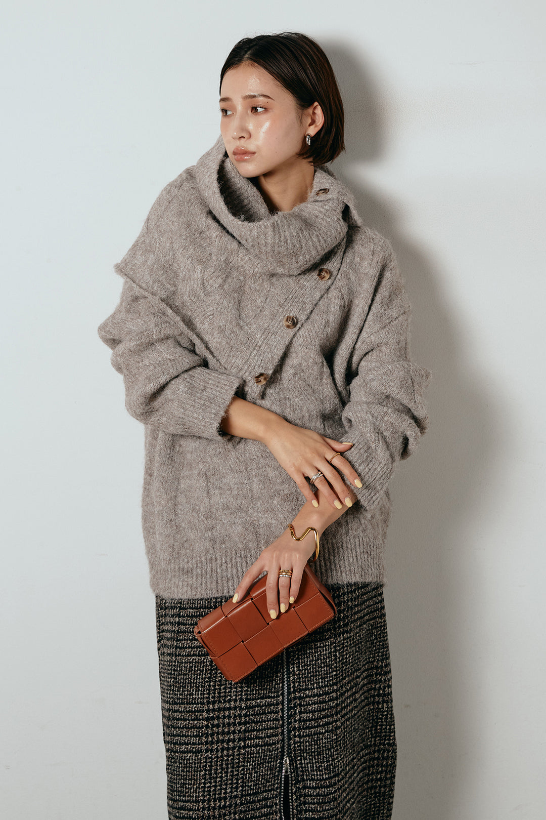 [SET]ケープデザインケーブルニットトップス+グレンチェック柄フロントジップタイトスカート(2set)