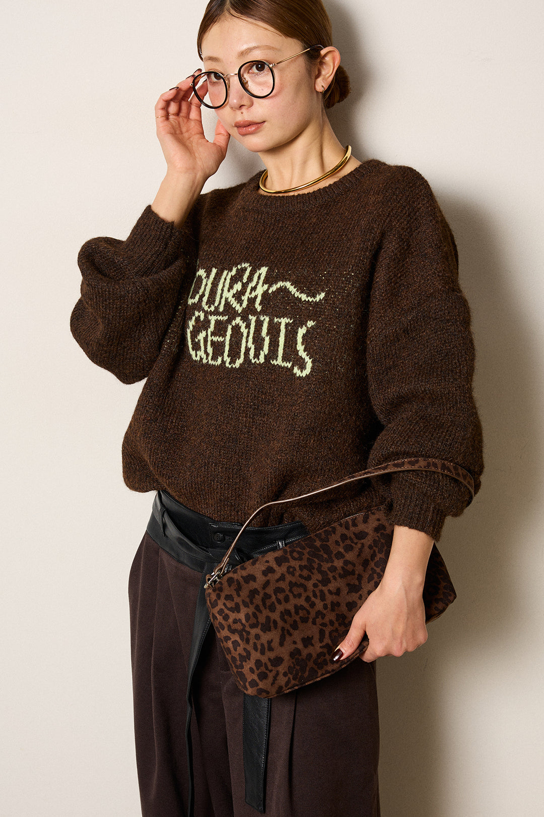 [SET]ロゴシャギーニットプルオーバー+巻ベルトウエストレザーライクワイドパンツ(2set)