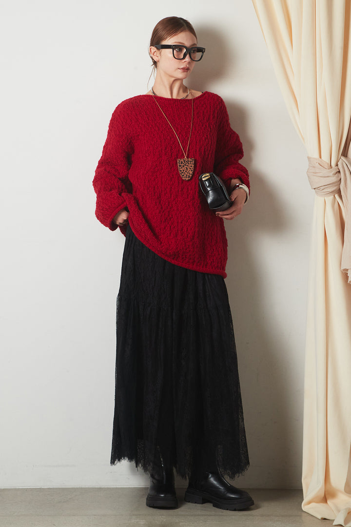 [SET]ボリューム編みニットプルオーバー+ひげレース切替ロング丈スカート(2set)