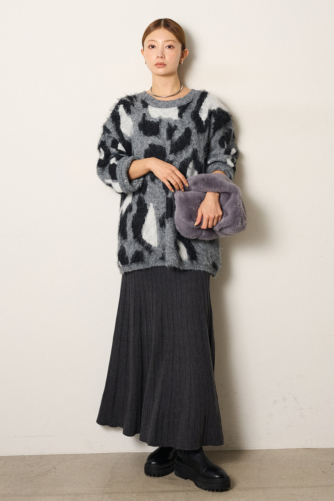 [SET]ルーズアニマルモヘアニットトップス+編み地切り替えフレアニットスカート(2set)