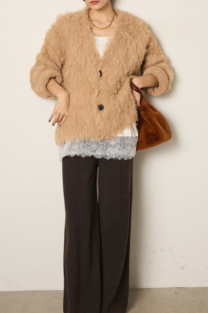 [SET]起毛シャギーニットカーディガン+センターラインニットパンツ+レース切り替えキャミソール(3set)