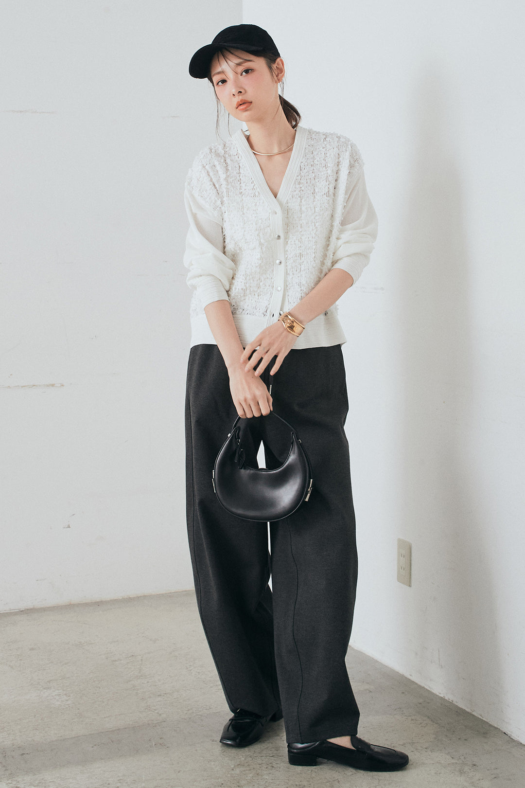 [SET]モコレースVネックカーディガン+カットダンボールウエストフリルカーブパンツ(2set)