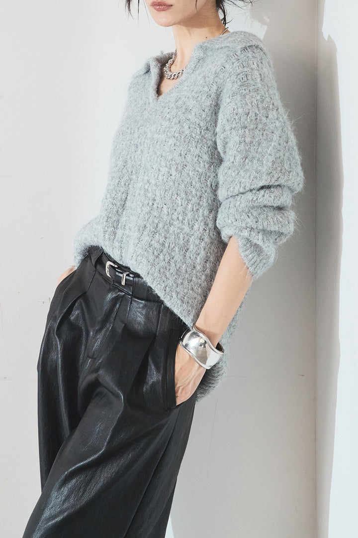 [SET]襟付きVネックニットトップス+ベルト付きレザーライクタックパンツ(2set)