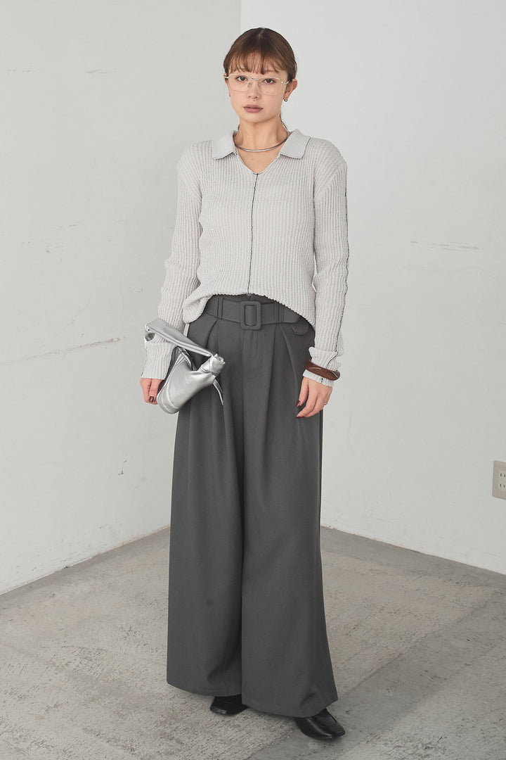 [SET]衿付きニットプルオーバー+ベルト付きツータックワイドパンツ(2set)