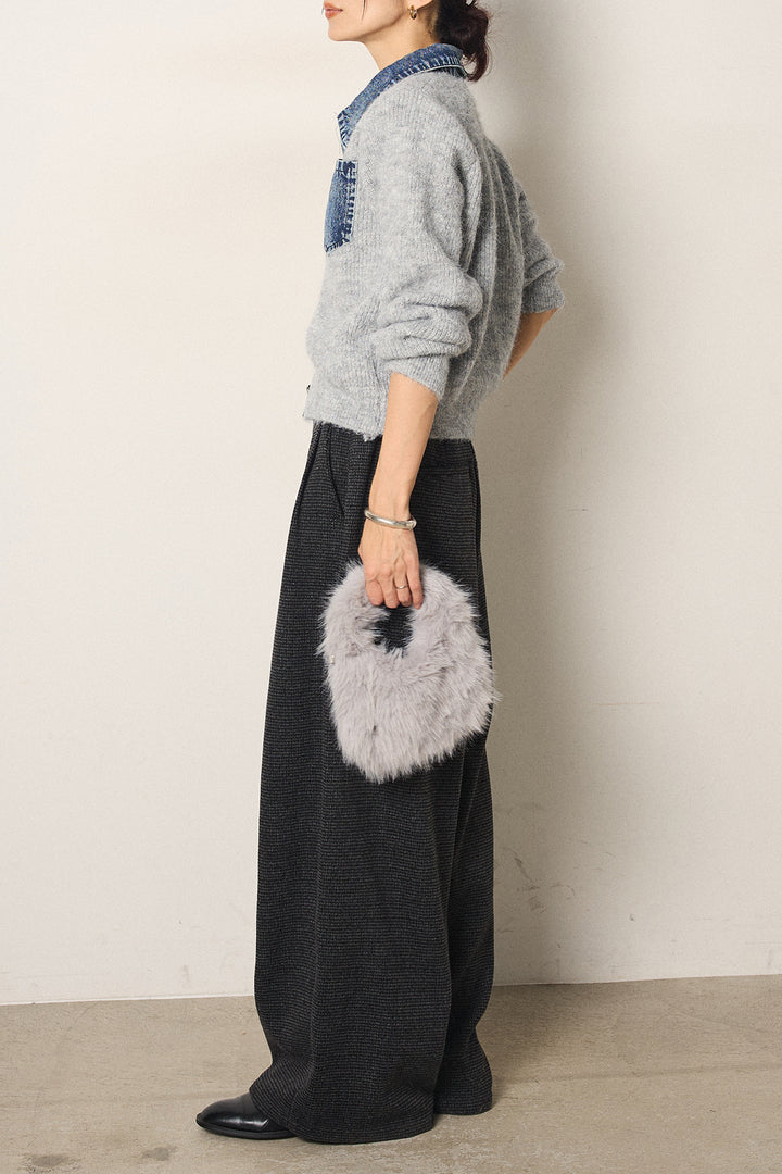 [SET]襟付きデニム切替ニットカーディガン+起毛タック入りツイードワイドパンツ(2set)