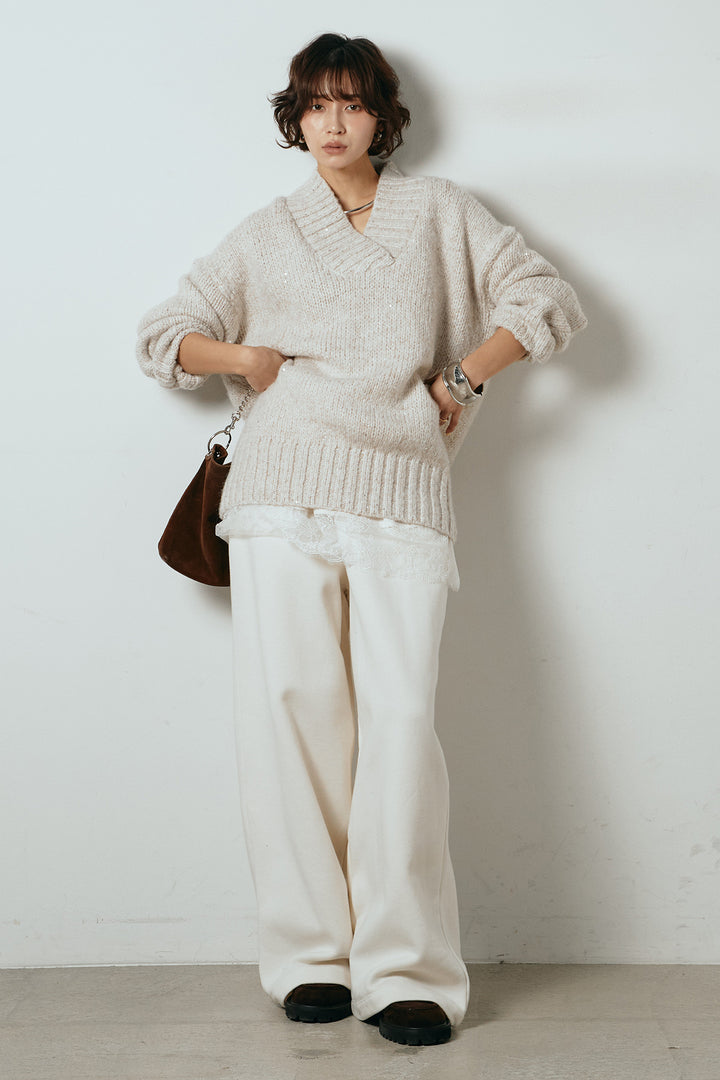 [SET]Vネックラメニットトップス+裏起毛スウェットワイドパンツ+レース切り替えキャミソール(3set)