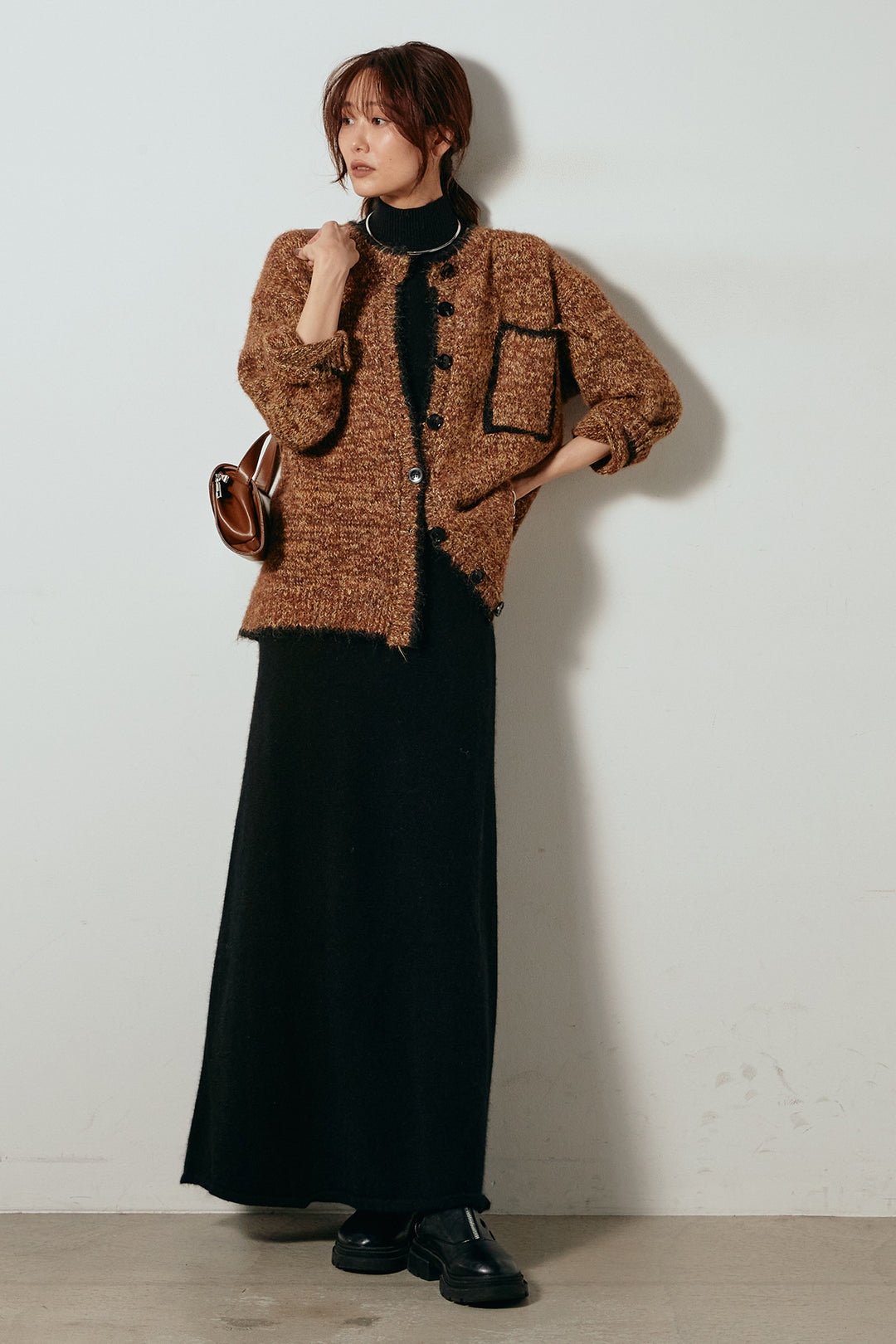 [SET]ミックスニットポケットカーディガン+ノースリーブニットロングワンピース(2set)