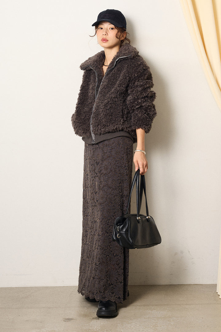 [SET]スタンドカラー裾リブボアブルゾン+花柄刺繍ベロアフレアスカート(2set)