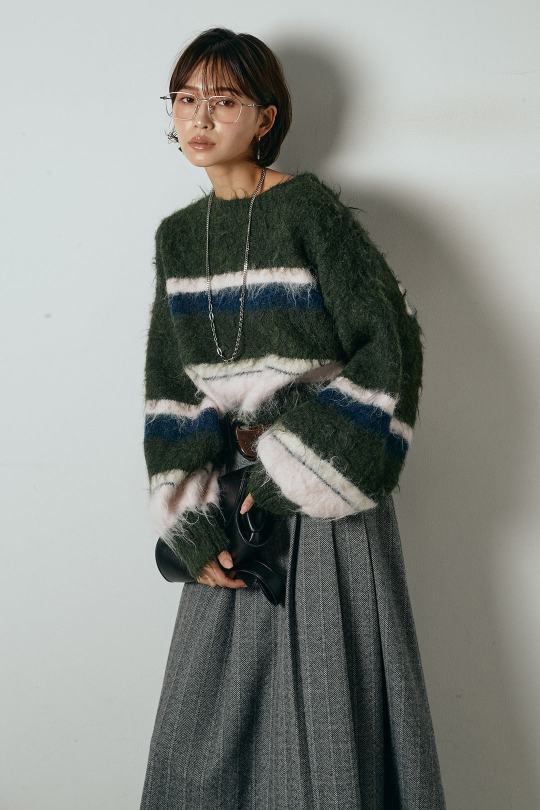 [SET]起毛配色マルチボーダーニットトップス+太ベルト付きヘリンボーンプリーツスカート(2set)