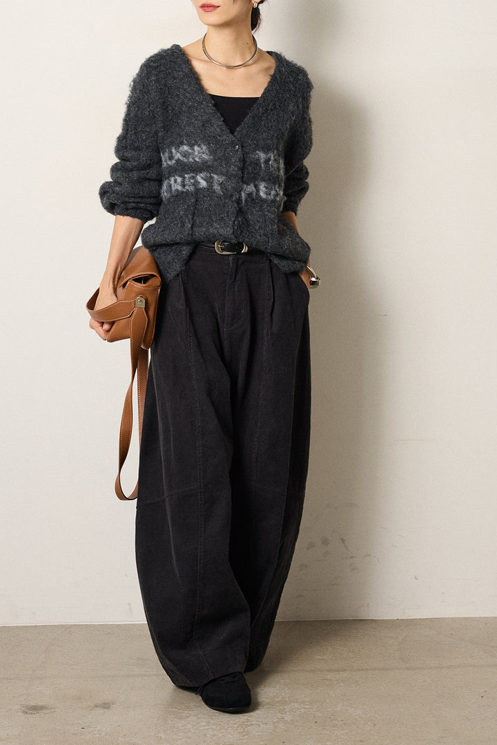 [SET]ウール混透かしロゴニットカーディガン+タック入りコーデュロイワイドパンツ(2set)