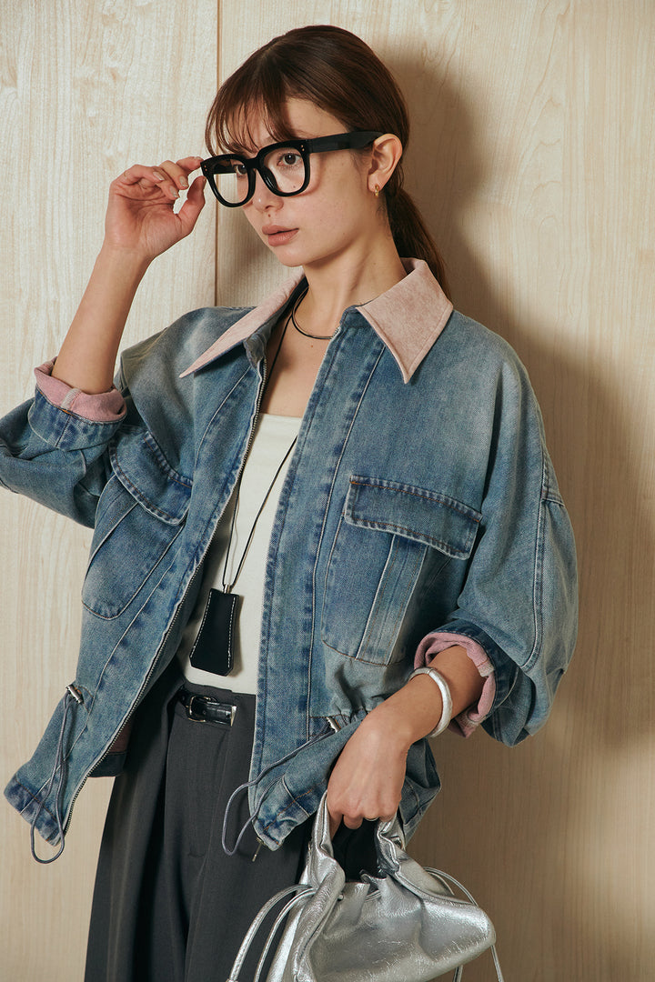 [SET]襟付き配色デニムブルゾン+ビックベルトループタックベルト付きワイドパンツ(2set)