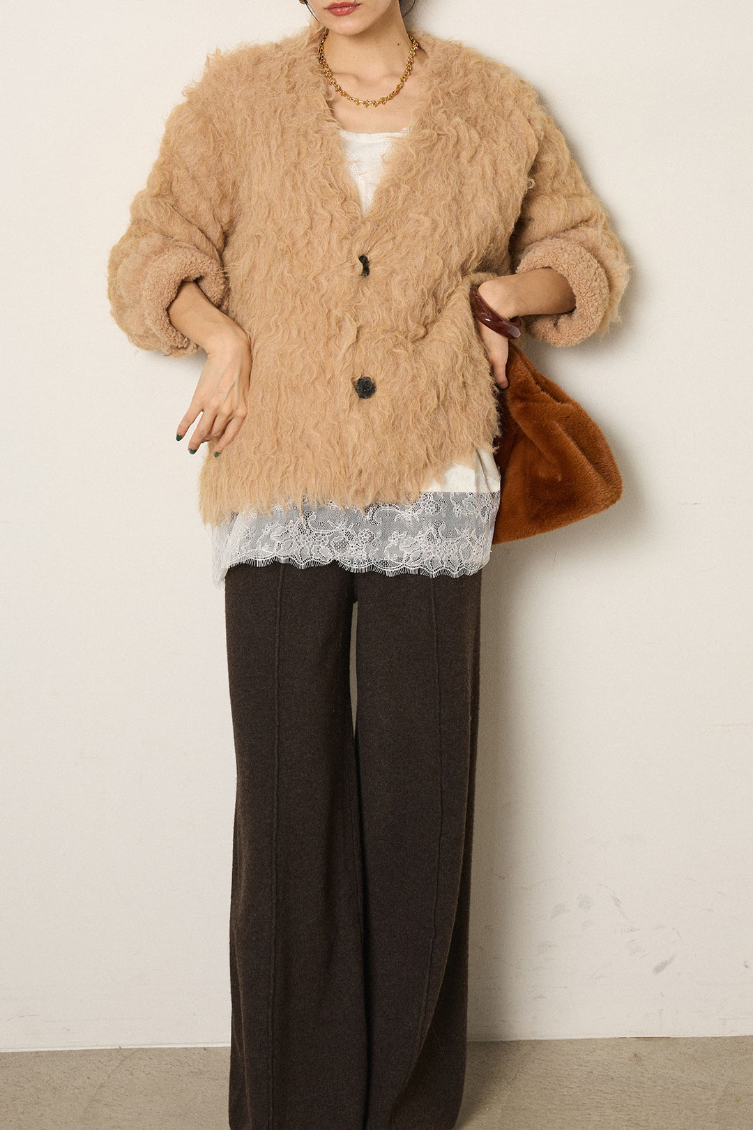 [SET]起毛シャギーニットカーディガン+レース切り替えキャミソール(2set)