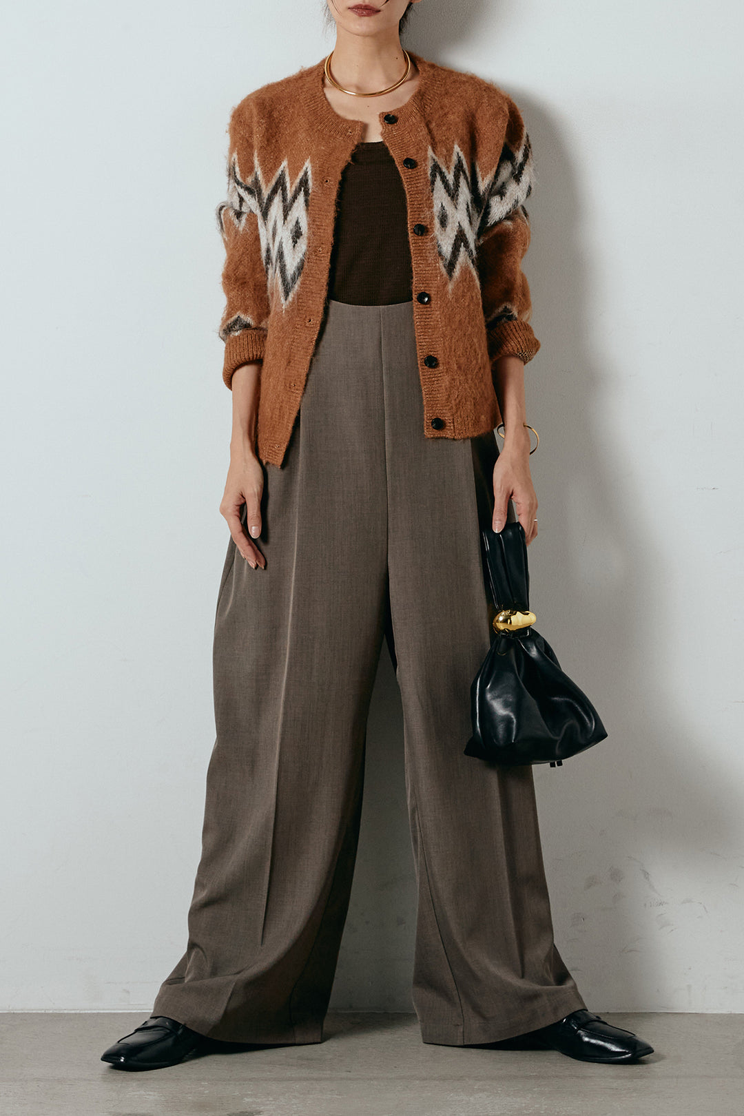 [SET]起毛ノルディック柄ニットカーディガン+ワイドツイルサロペット(2set)