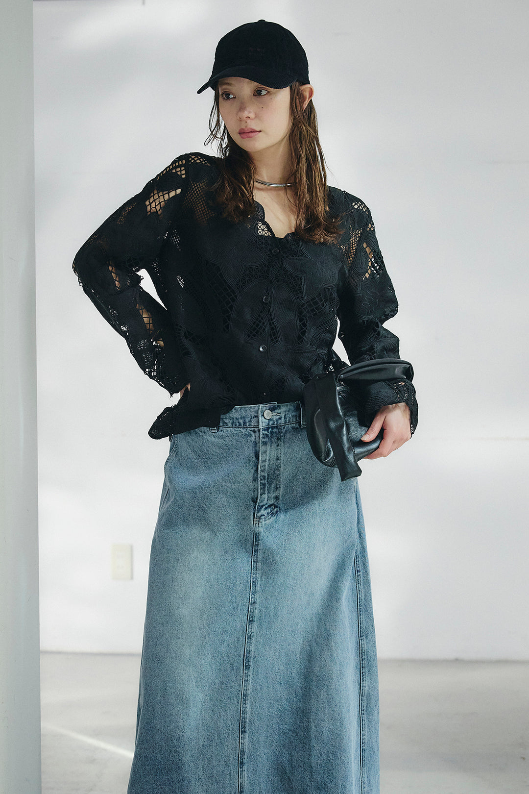 [SET]フラワー刺繍レースブラウス+デニムロングフレアスカート(2set)